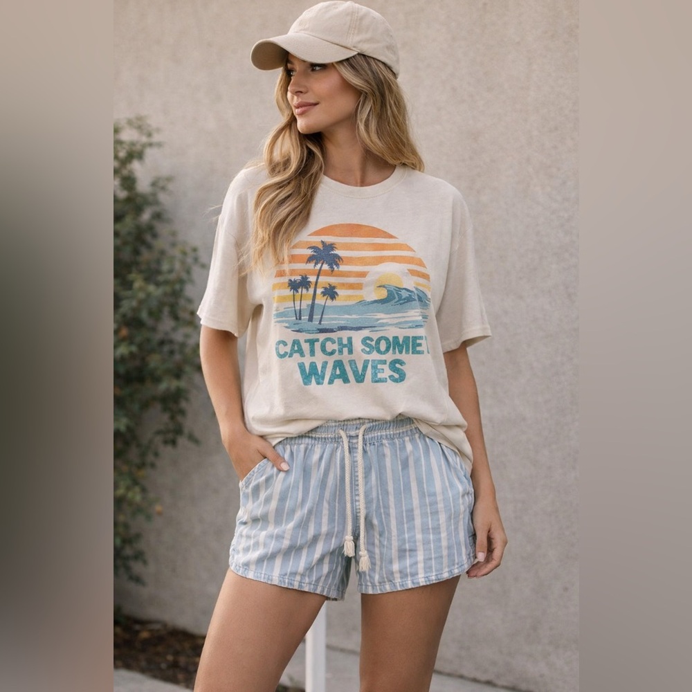 💖Aerie 100% cotton High Waist Striped Blue and Cream Shorts